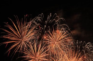 Gece gökyüzünde güzel renkli havai fişekler, gece gökyüzünde havai fişekler. Noel için dekorasyon, yeni yıl, sevgililer günü kutlaması, tatil .