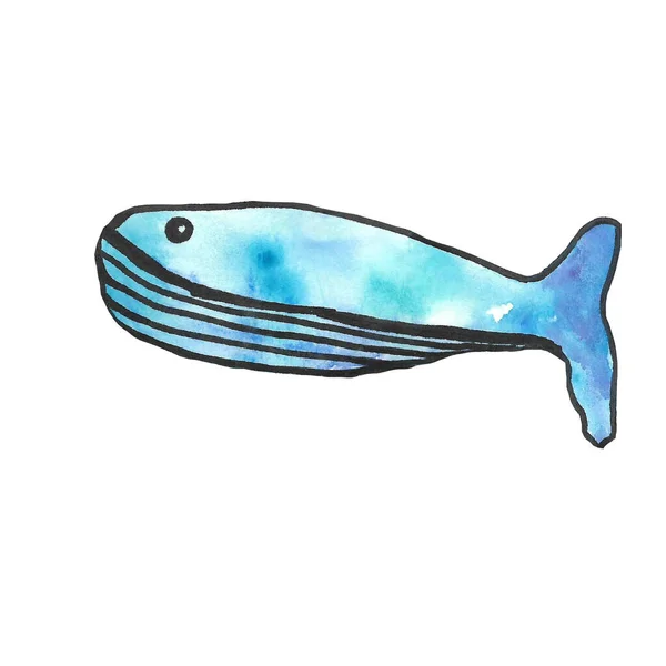 Ilustración de acuarela de ballena azul. Espíritu animal, tótem, poseedor de sabiduría, guardián de la historia, fuerza pacífica, verdad interior, creatividad, renacimiento emocional. Pintura dibujada a mano, aislado, fondo blanco . — Foto de Stock