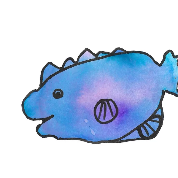 Handritad akvarell blå tecknad fisk. teckenillustration. — Stockfoto