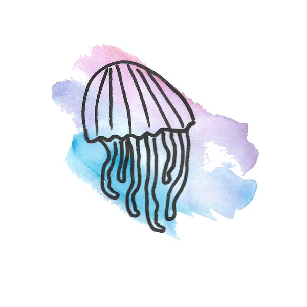 Watercolor pink jellyfish on white background. Hand drawing.