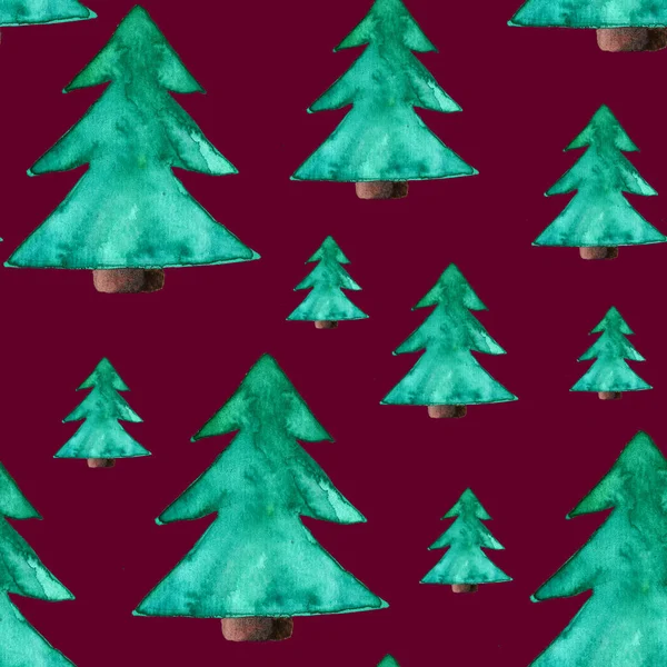 Akvarell karácsonyfa zökkenőmentes minta, fa elszigetelt sötét háttérrel. Tökéletes a Cristmas kártyák vagy csomagolópapír, design, háttér, tapéta, textil. — Stock Fotó
