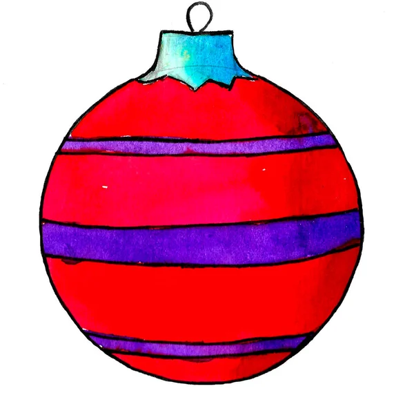Κόκκινη χριστουγεννιάτικη μπάλα με μπλε ρίγες. κόκκινο παιχνίδι για διακόσμηση χριστουγεννιάτικου έλατου. — Φωτογραφία Αρχείου