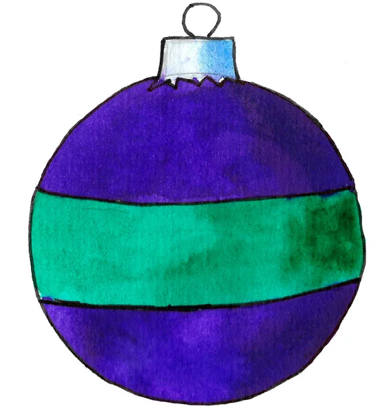 Blaue Weihnachtskugel mit grünen Streifen. Spielzeug zur Dekoration eines Tannenbaums. — Stockfoto