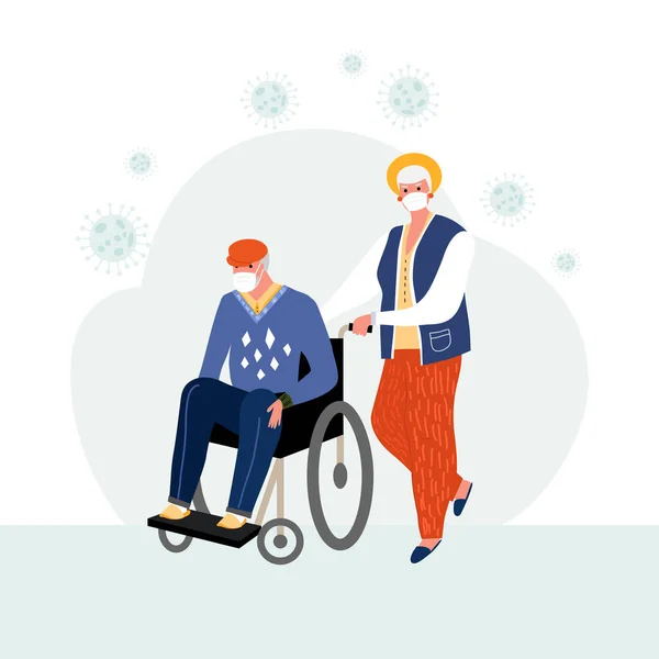 ウイルス感染から高齢者を保護するというテーマに関する概念 老女は車椅子の男を運ぶ 白い背景に隔離されています ベクターイラスト — ストックベクタ
