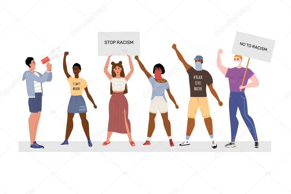 Concept on the theme of racism. Stop racism. The image of protesting people, equality. Black lives matter. Vector stock illustration. Isolated on a white background. Flat style.