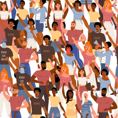 Irkçılığı bırak. Biz eşitiz. İnsanları protesto etmek. Kusursuz desen. Vektör hisse senedi çizimi. Düz biçim