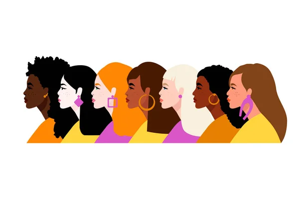 Stop racisme. Zwarte levens zijn belangrijk, we zijn gelijk. Vlakke stijl. Vrouwen. Verschillende huidskleuren. Vector illustratie. geïsoleerd. — Stockvector