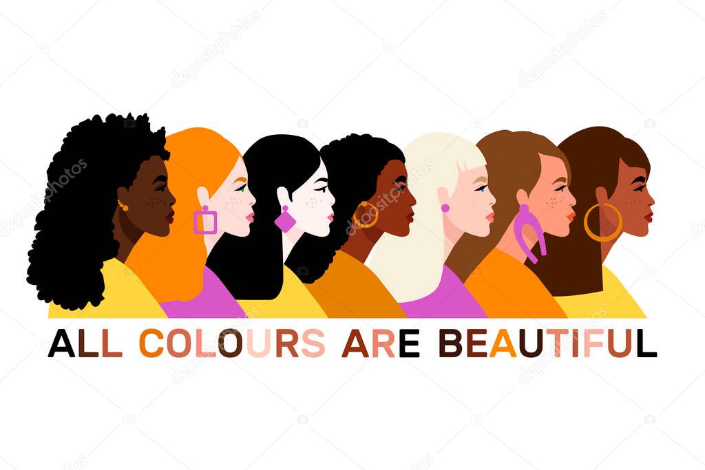 Stop racism. Black lives matter, we are equal. No racism concept. Flat style. Women. Different skin colors. Vector illustration. Isolated.