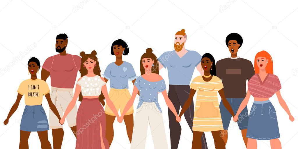 Stop racism. Black lives matter, we are equal. No racism concept. Flat style. Protesting people. Vector illustration. Isolated.