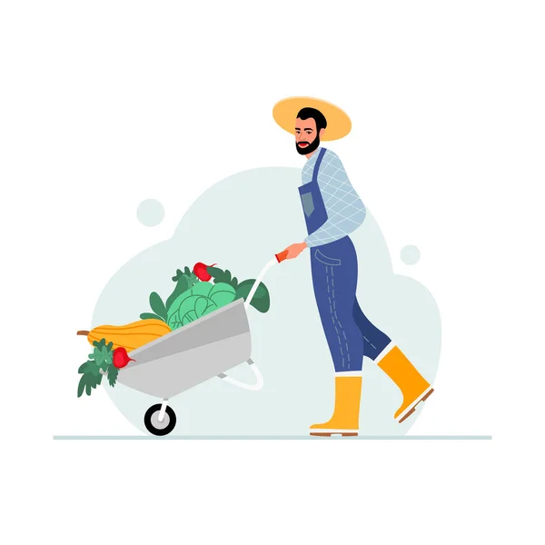 Homem agricultor com um carrinho de legumes. O conceito de alimentos orgânicos saudáveis. Ilustração vetorial em estilo plano. Isolado sobre um fundo branco . — Vetor de Stock