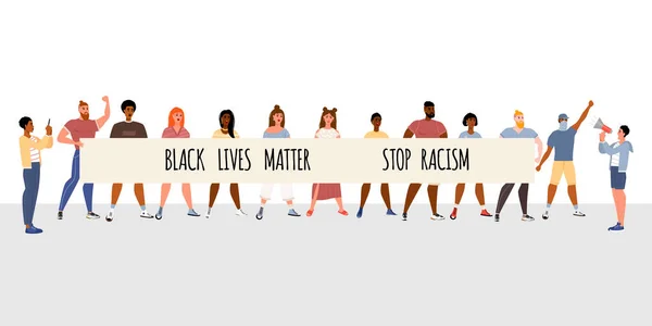 Stop racisme. Zwarte levens zijn belangrijk, we zijn gelijk. Geen racistisch concept. Vlakke stijl. Mensen protesteren. Verschillende huidskleuren. Vector illustratie. geïsoleerd. — Stockvector