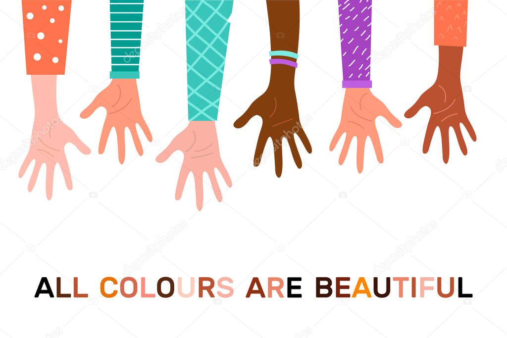 Stop racism. Black lives matter, we are equal. No racism concept. Flat style. Protesting hands people. Vector illustration. Isolated.