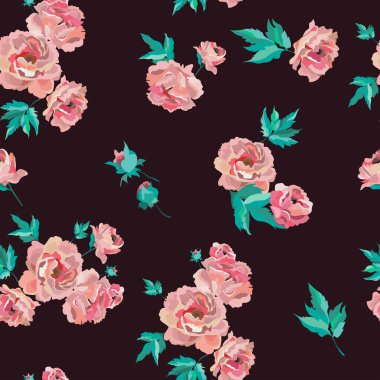 Üzerinde güzel güller olan desen, siyah bir arka planda bir bukette toplandı..