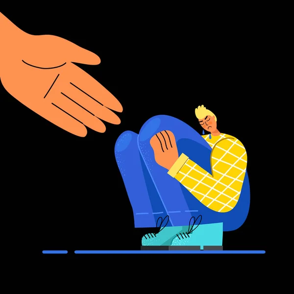 Consolation of a sad guy, holding out his helping hand. The concept of empathy. Vector stock illustration. Flat design. Isolated on a black background. — Stock Vector