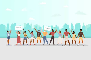 Irkçılık konsepti. Irkçılığı bırak. Protesto eden insanların imajı, eşitlik. Siyahların hayatı önemlidir. Vektör hisse senedi çizimi. Beyaz bir arka planda izole edilmiş. Düz biçim.