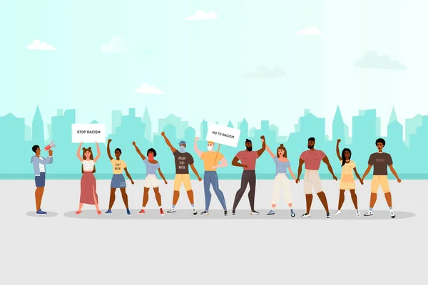 Irkçılık konsepti. Irkçılığı bırak. Protesto eden insanların imajı, eşitlik. Siyahların hayatı önemlidir. Vektör hisse senedi çizimi. Beyaz bir arka planda izole edilmiş. Düz biçim.