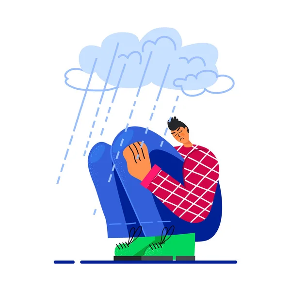 Imagen de un joven triste sentado e infelizmente abrazando sus rodillas y llorando. El hombre está deprimido. Ilustración de stock vectorial. Diseño plano. Aislado sobre un fondo blanco . — Vector de stock