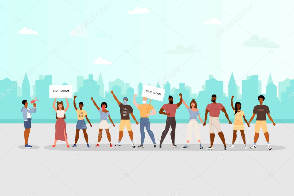 Concept on the theme of racism. Stop racism. The image of protesting people, equality. Black lives matter. Vector stock illustration. Isolated on a white background. Flat style.