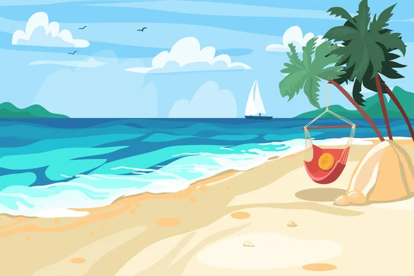 Playa, paisaje marino. Vacaciones de verano, turismo, postal. Ilustración de stock vectorial. Brillante. Diseño plano . — Vector de stock