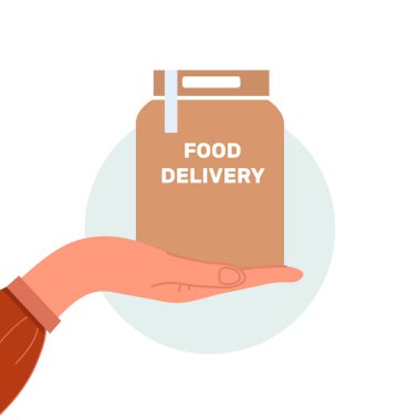 Vektör çizimi. Salgın hastalık sırasında kapıya yemek teslimatı konsepti. Beyaz arkaplanda ayrıl.