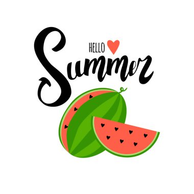 İçinde karpuz resmi olan bir yaz kartı. Merhaba yazlık mektuplar. Vektör illüstrasyonu.