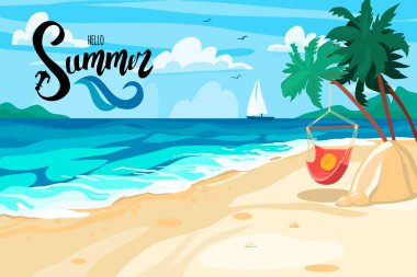 Yaz temalı bir kartpostal. Kumsal, deniz manzarası. Yaz tatilleri, dinlenme, turizm. Merhaba, düz dizayn.