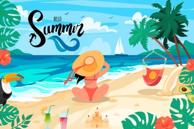 Parlak bir kartpostal. Kız deniz mesafesine bakıyor. Merhaba yazlık mektuplar. Vektör çizimi. Çizgi film tasarımı.