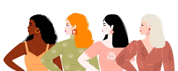 Sete mulheres de diferentes nacionalidades e culturas estão juntas. O conceito do movimento feminista para o empoderamento das mulheres. Amizade feminina. Ilustração vetorial. Isolado em segundo plano . —  Vetores de Stock