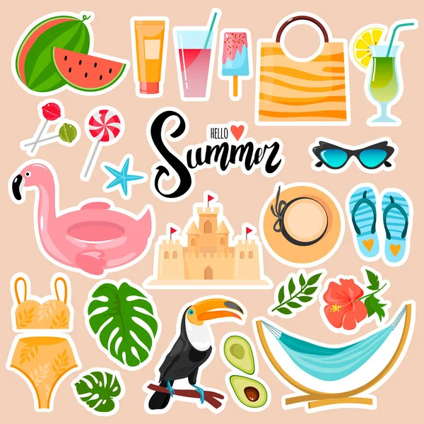 Set of decorative elements on the summer theme. Bright lettering hello summer. Isolated on background. Flat design. Vector stock illustration. — Stock Vector