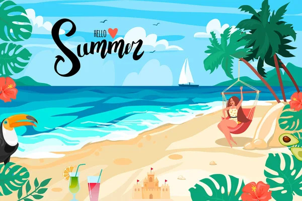 Summer bright postcard. The girl is resting in a hammock on the sea coast. Hello summer lettering. Vector illustration. Cartoon design. — Stock Vector