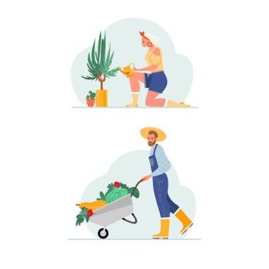 Bahçıvanlık temasını belirle. Sebze arabalı bir erkek çiftçi. Sağlıklı organik gıda konsepti. Çiçeklere bakan kız. Düz bir şekilde vektör illüstrasyonu. Beyaz bir arkaplanda izole edilmiş.