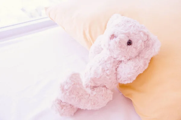 Niedlicher Kleiner Teddybär Legt Sich Auf Das Bett — Stockfoto