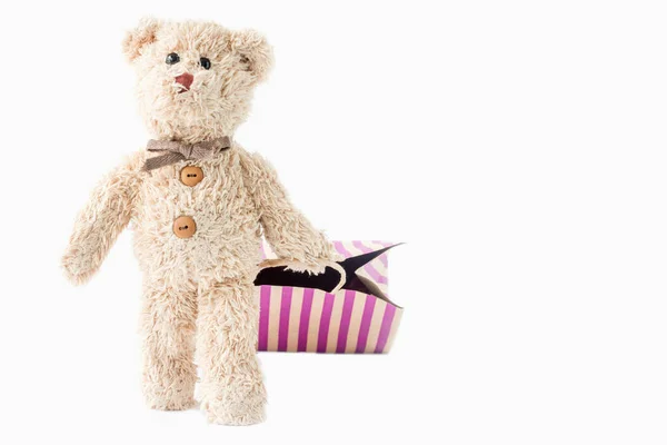 Urso Pelúcia Bonito Segurando Saco Compras Com Uma Sensação Feliz — Fotografia de Stock