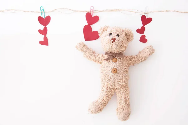 Ursinho Peluche Bonito Tão Feliz Com Muitos Corações Valentim — Fotografia de Stock