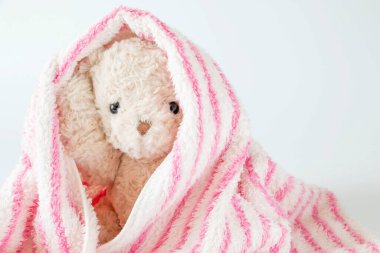 Sevimli ayıcık saklambaç oynuyor ve kumaşla arıyor, Happy Feel konsepti.