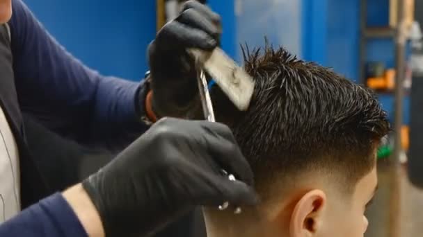 Hairdresser Cutting Boy Barbershop — Stock Video