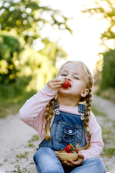Menina Está Sentado Grama Comer Morangos — Fotografia de Stock