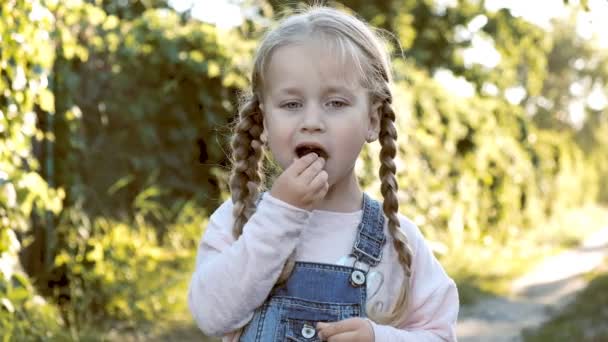 Niña está comiendo cerezas en el parque de verano . — Vídeos de Stock