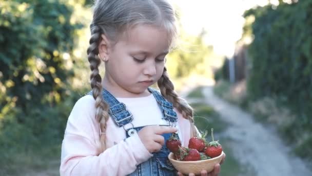 Little girl eating strawberries in summer park — Stock Video