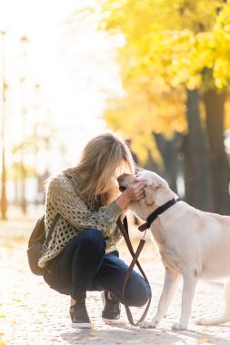 Parkta bir yürüyüş için onu evde beslenen hayvan Labrador yanında genç bir sarışın çömelmiş.