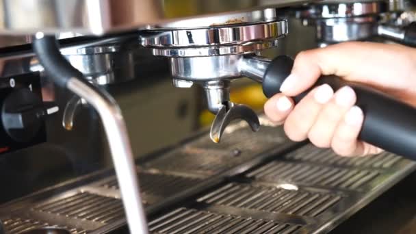 Het Maken Van Koffie Een Koffiemachine Een Café Barista Bereidt — Stockvideo