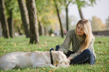 güzel sarışın parkta çim üzerinde oturan ve onu köpek labrador ile oynamak