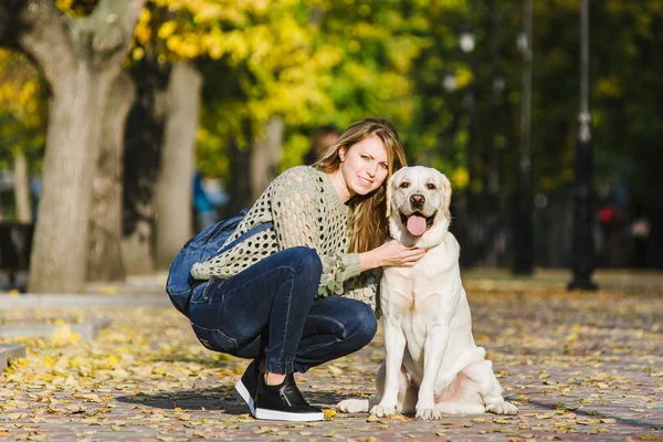 Piękna Młoda Blondynka Jest Spaceru Parku Jej Labrador Parku Jesienią — Zdjęcie stockowe