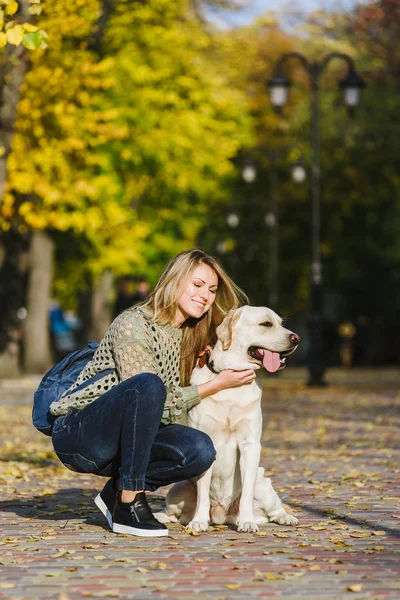 Die Schöne Junge Blondine Geht Herbst Mit Ihrem Labrador Park — Stockfoto