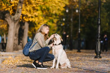 Güzel genç sarışın parkta sonbaharda onun labrador Park ile yürüyor. Kadın onu geri almak çömelmiş.