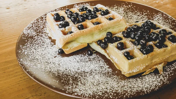Belgian Waffles Berries Plate Powdered Sugar — Stock Photo, Image