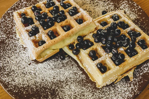 Belgian Waffles Berries Plate Powdered Sugar — Stock Photo, Image