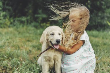 Küçük şirin sarışın kız onu köpek yavrusu golden retriever ile yaz aylarında parkta oynarken..
