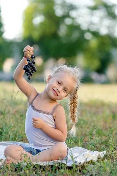 Menina Bonito Comer Uvas Parque Verão — Fotografia de Stock