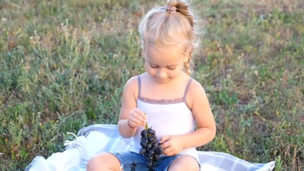 Niña rubia sentada en el parque en la hierba y comiendo uvas — Vídeos de Stock